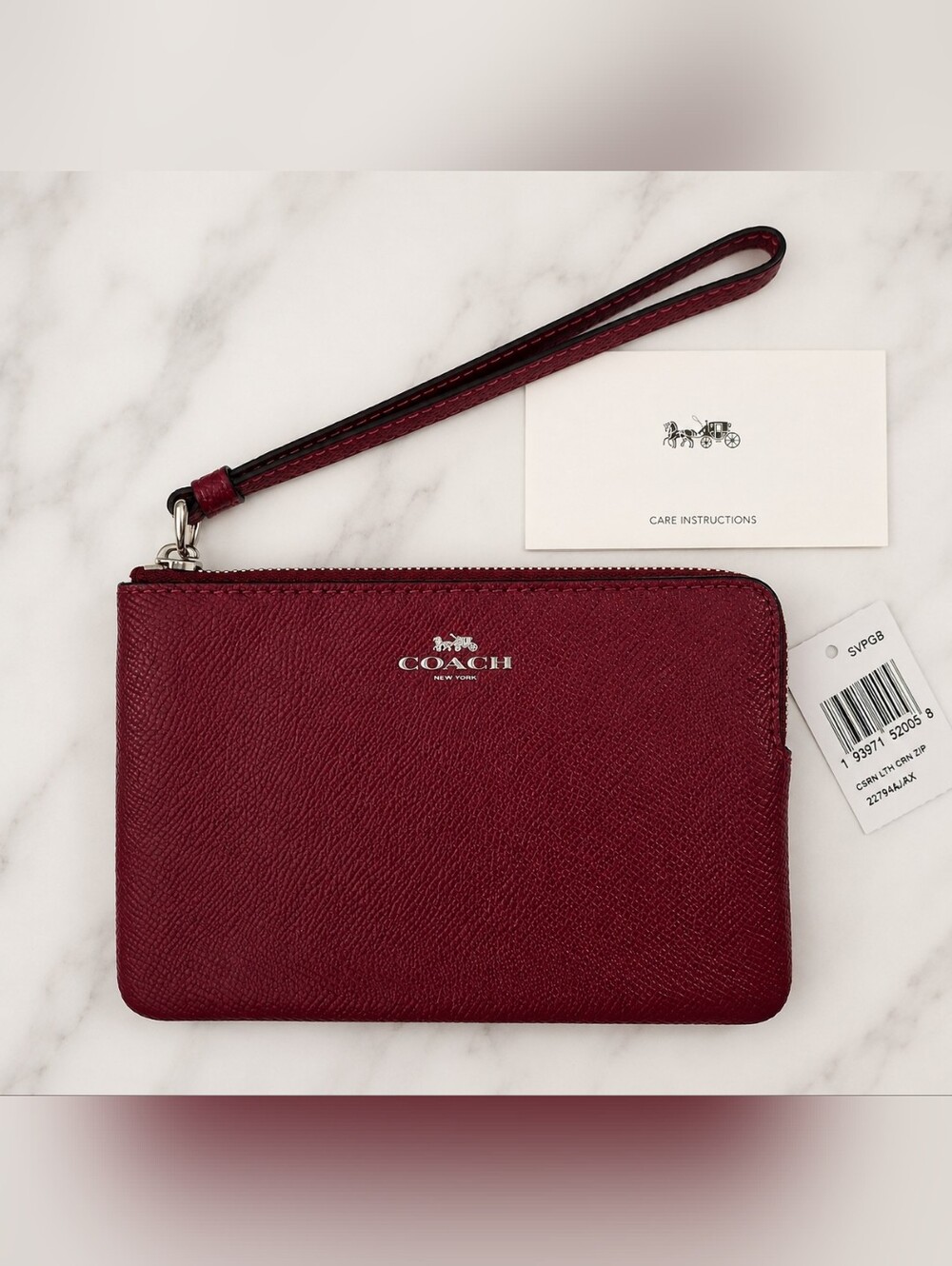 Coach Corner Zip Wristlet Crossgrain Leather Dark Fuchsia NWT